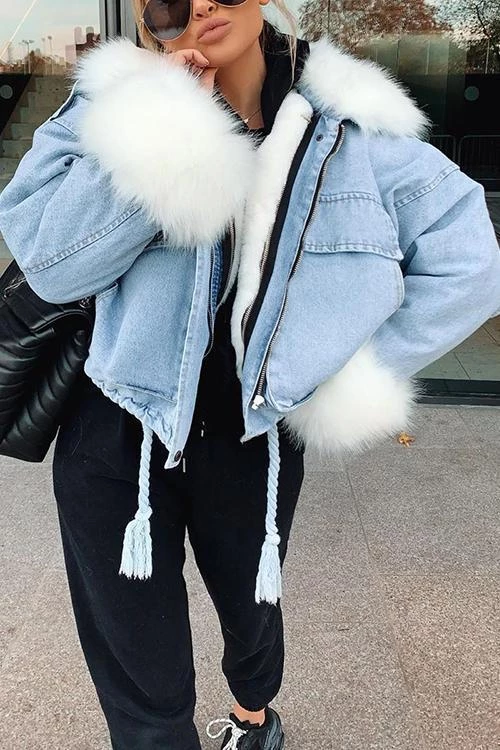Levency Detachable Fuzzy Faux Fur Collar Denim Coat New In 21 Levency Detachable Fuzzy Faux Fur Collar Denim Coat New In