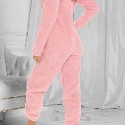 Levency Fuzzy Hoodie Collar Jumpsuit Pajamas