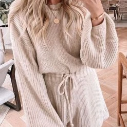 Levency O Neck Puff Long Drawstring Sweater Romper