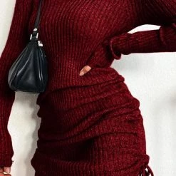 Levency New In V Neck Side Drawstring Knit Mini Dress