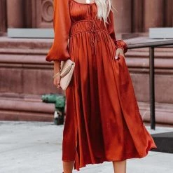 Levency New In Satin Pocket Drawstring Long Sleeve Midi Dress 13 Levency New In Satin Pocket Drawstring Long Sleeve Midi Dress