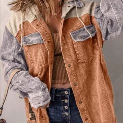 Levency Colorblock Button Corduroy Hooded Jacket