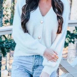Levency Fuzzy Button V Neck Cardigan