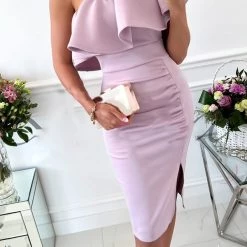 Levency New In Ruffles One Shoulder Ruched Slit Dress