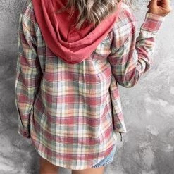 Levency New In Flannel Plaid Button Down Hoodie Top