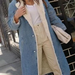 Levency Sherpa Fleece Denim Trench Coat