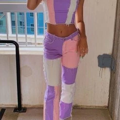 Levency New In Color Block Patchwork Jeans