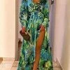 Levency New In Leaf Print Belted Wrap Long Sleeve Maxi Dress