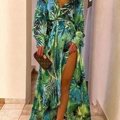 Levency New In Leaf Print Belted Wrap Long Sleeve Maxi Dress