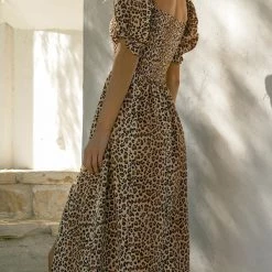 Levency New In Leopard Square Neck Slit Midi Dress