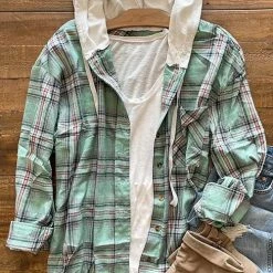 Levency New In Flannel Plaid Button Down Hoodie Top