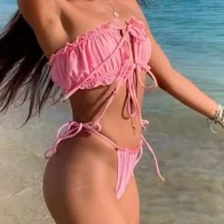 Levency New In Sexy Wrinkle Lace Up Bikini Set