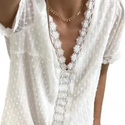 Levency Lace V Neck Puff Short Sleeves Blouses 31 Levency Lace V Neck Puff Short Sleeves Blouses