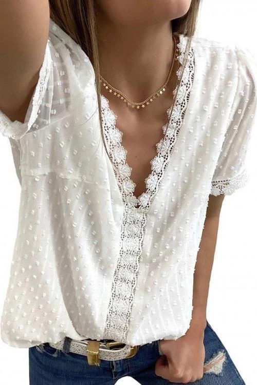Levency Lace V Neck Puff Short Sleeves Blouses 15 Levency Lace V Neck Puff Short Sleeves Blouses