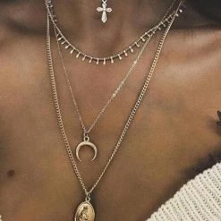 Levency Cross Moon Layers Necklace New In
