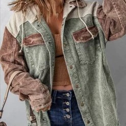 Levency Colorblock Button Corduroy Hooded Jacket