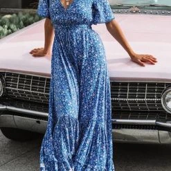 Levency Floral Print Short Sleeve Maxi Dress