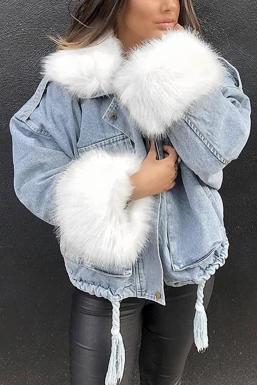 Levency Detachable Fuzzy Faux Fur Collar Denim Coat New In 31 Levency Detachable Fuzzy Faux Fur Collar Denim Coat New In