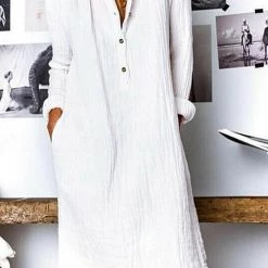 Levency Linen Button Pockets Long Sleeve Dress