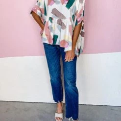 Levency Print Cuffed Sleeves Peplum Blouse