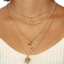 Levency Cross Moon Layers Necklace New In