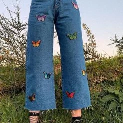 Levency Butterfly Embroidery Wide Leg Jeans