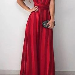 Levency Stripe V Neck Belted Sleeveless Maxi Dress