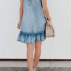 Levency New In Ruffles Hem Denim Slip Mini Dress