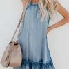 Levency New In Ruffles Hem Denim Slip Mini Dress