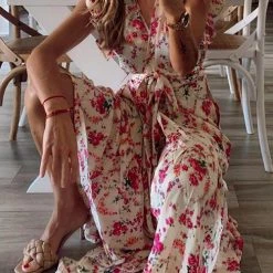 Levency New In Floral Print Ruffles Maxi Wrap Dress