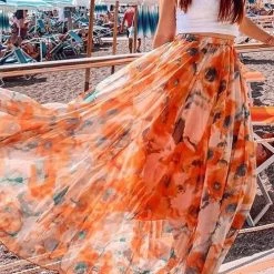Levency New In Floral Print Chiffon Maxi Skirts
