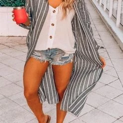 Levency Stripe Button Shirt Kimono Coat New In