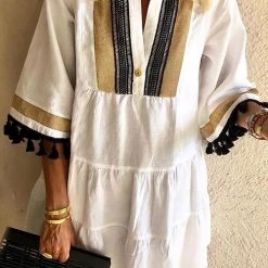 Levency New In Print Tassels V Neck Mini Dress