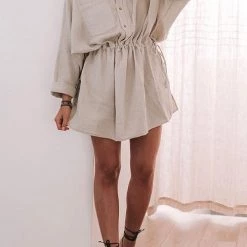 Levency New In Button Pockets Drawstring Waist Dress