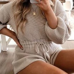 Levency O Neck Puff Long Drawstring Sweater Romper