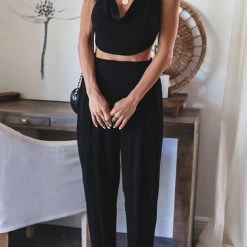 Levency New In Cowl Neck Open Back Top Pleated Pants Suit