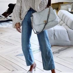 Levency New In Hollow V Neck Puff Sleeve Sweater