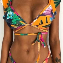 Levency New In Print Ruffles Cross Bikini Set