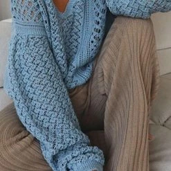 Levency New In Hollow V Neck Puff Sleeve Sweater