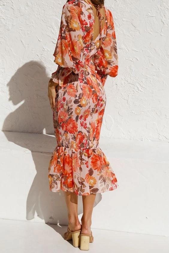 Levency New In V Neck Puff Sleeve Smocked Waist Midi Dress 5 Levency New In V Neck Puff Sleeve Smocked Waist Midi Dress