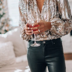 Levency Sequin V Neck Long Sleve Top