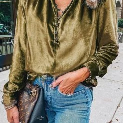 Levency New In Ruffles Button Vlevet Blouse