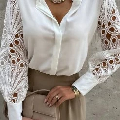 Levency New In Hollow Lace Turndown Collar Blouse