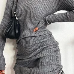 Levency New In V Neck Side Drawstring Knit Mini Dress