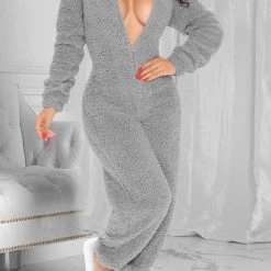 Levency Fuzzy Hoodie Collar Jumpsuit Pajamas