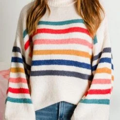 Levency Turtleneck Rainbow Stripe Sweater Dress New In