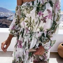 Levency Ruffles Floral Off Shoulder Slit Sleeve Mini Dress