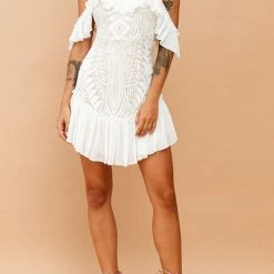 Levency New In Lace Pleated Long Sleeve Ruffle Dress