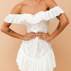 Levency New In Lace Pleated Long Sleeve Ruffle Dress