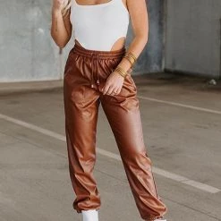 Levency New In PU Drawstring Pocket Pants